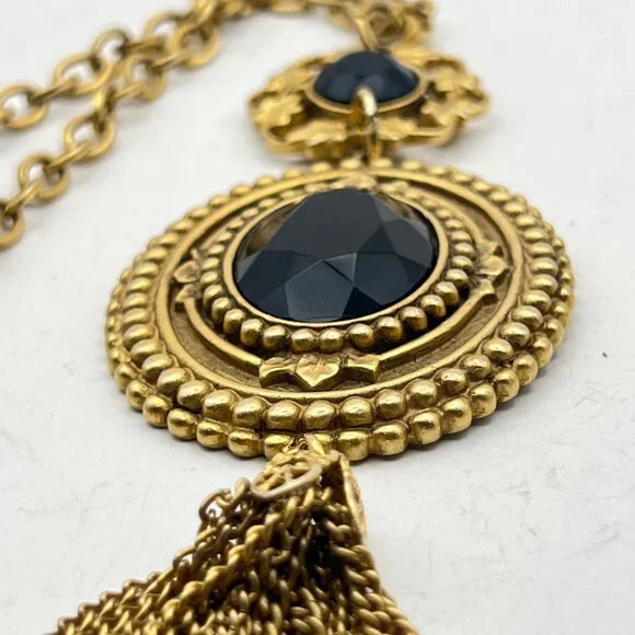 Gold Tone Victorian Revival Necklace Black Glass Medallions Tassel Pendant 36" - Picture 8 of 13